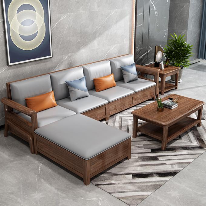 Divano in legno massello in teak con 7 posti, salotto modulare con rivestimento in pelle 3