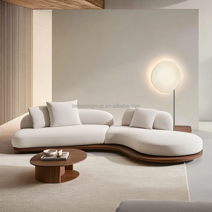 Set di divani in stile giapponese, color noce, con gambe in legno e tessuto tecnico antimacchia 1