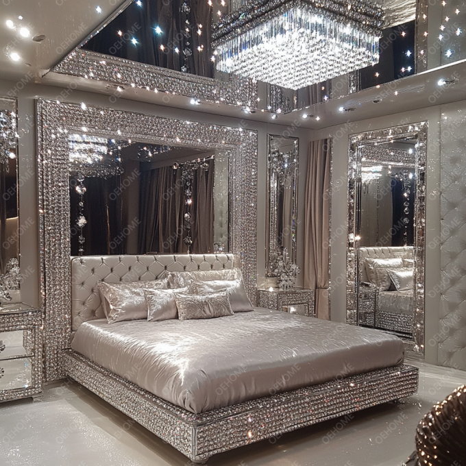 Ultimi design di mobili per camera da letto Letto imbottito a specchio di lusso con diamanti di cristallo King/Queen size per hotel e ville 2
