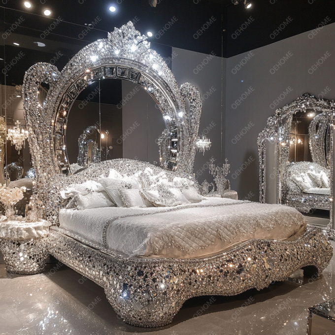 Ultimi design di mobili per camera da letto Letto imbottito a specchio di lusso con diamanti di cristallo King/Queen size per hotel e ville 3