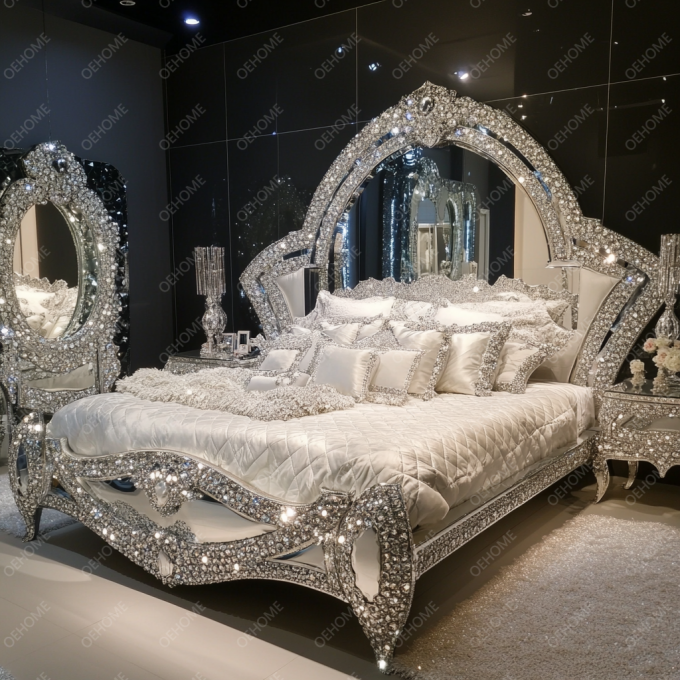 Ultimi design di mobili per camera da letto Letto imbottito a specchio di lusso con diamanti di cristallo King/Queen size per hotel e ville 4