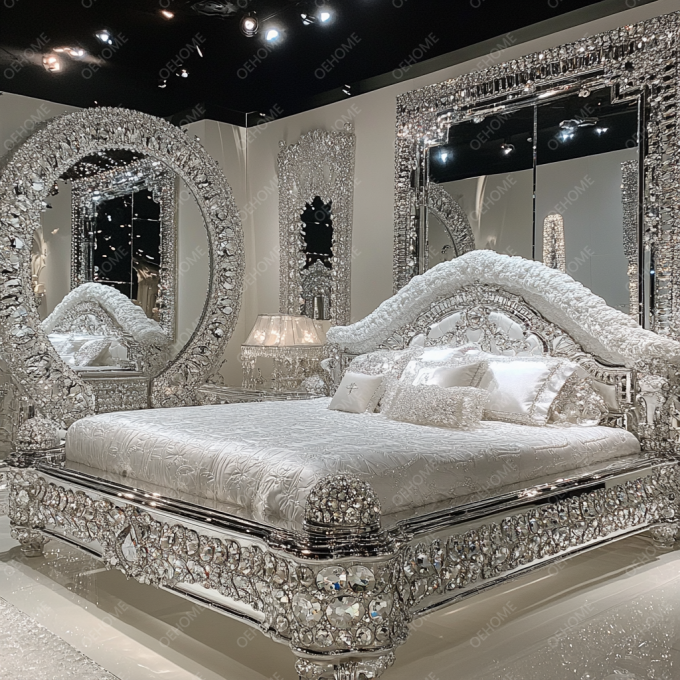 Ultimi design di mobili per camera da letto Letto imbottito a specchio di lusso con diamanti di cristallo King/Queen size per hotel e ville 5