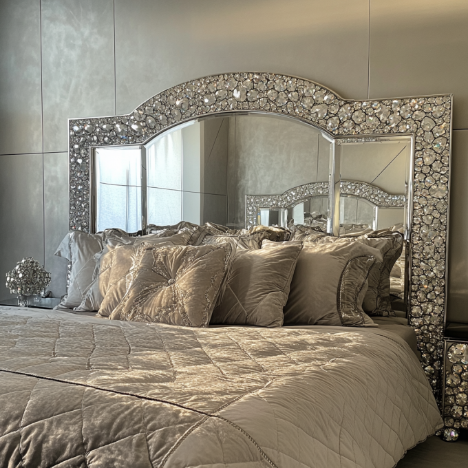 Ultimi design di mobili per camera da letto Letto imbottito a specchio di lusso con diamanti di cristallo King/Queen size per hotel e ville 6