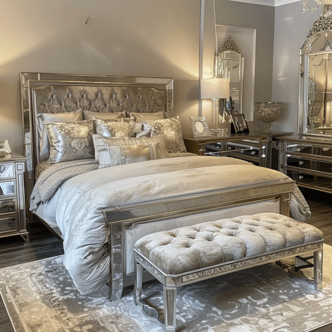 Set da camera da letto specifico con specchio, stile moderno, letto matrimoniale, mobili con design contemporaneo 0