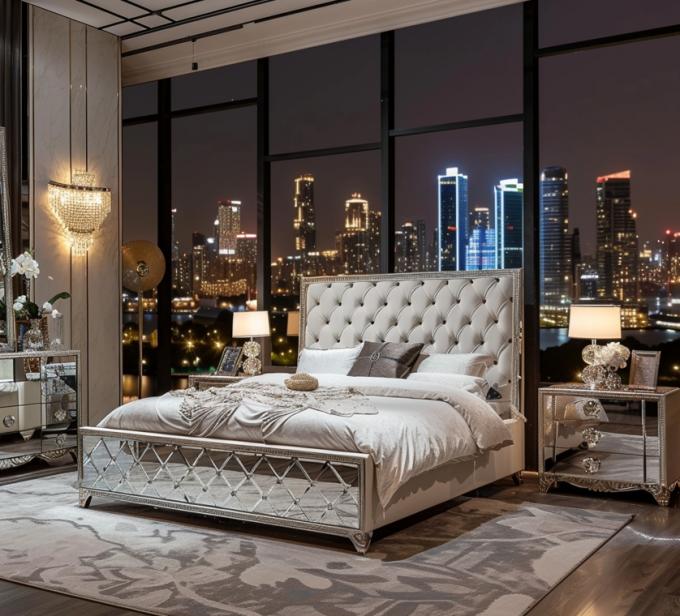 Set da camera da letto specifico con specchio, stile moderno, letto matrimoniale, mobili con design contemporaneo 2