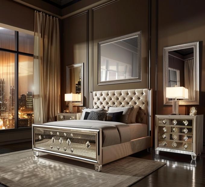 Set da camera da letto specifico con specchio, stile moderno, letto matrimoniale, mobili con design contemporaneo 1