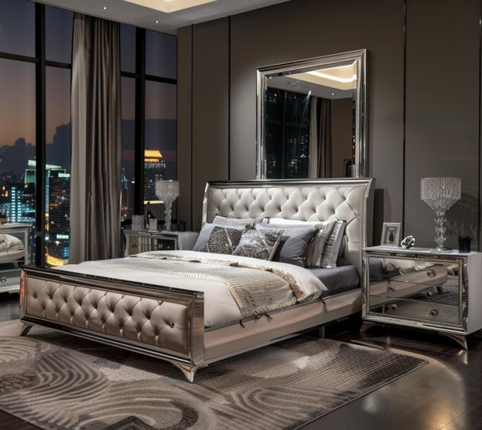 Set da camera da letto specifico con specchio, stile moderno, letto matrimoniale, mobili con design contemporaneo 4