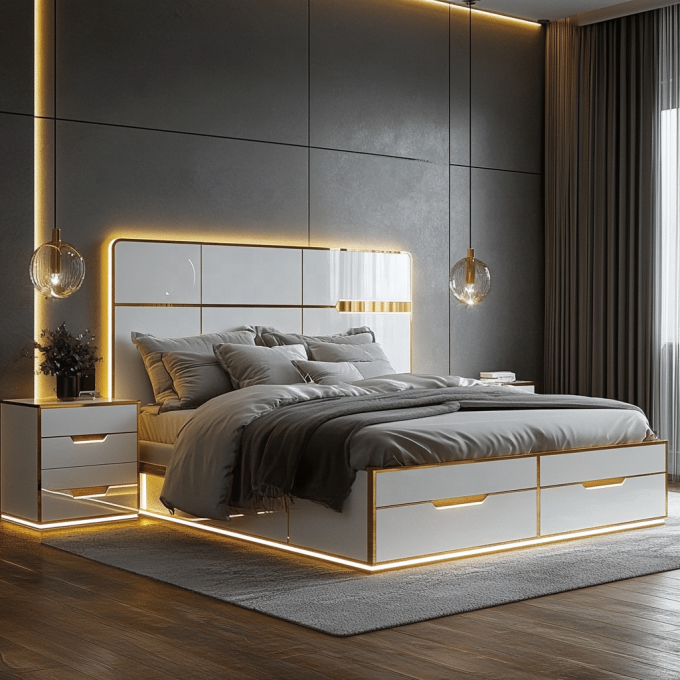 Letto in legno regolabile dal design moderno, misura queen size, per lusso italiano, set camera da letto king con specchi, in casa o in camera d'albergo 1
