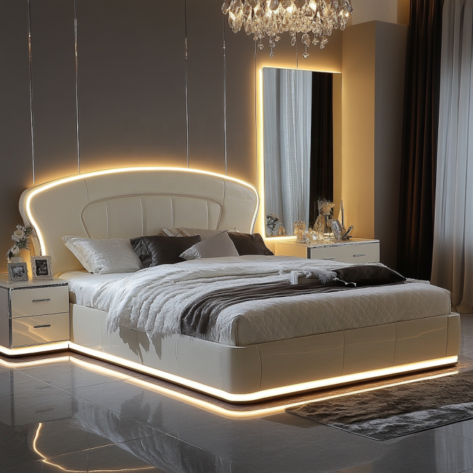 Letto in legno regolabile dal design moderno, misura queen size, per lusso italiano, set camera da letto king con specchi, in casa o in camera d'albergo 3