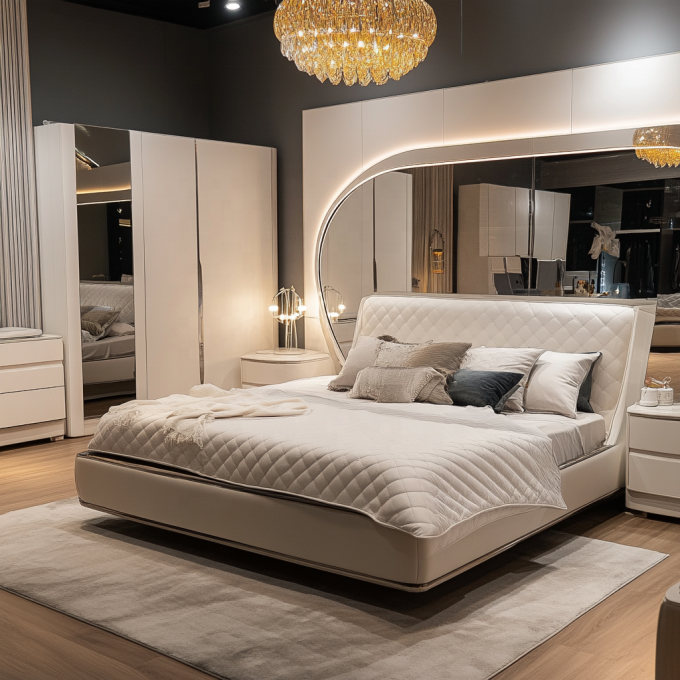 Letto in legno regolabile dal design moderno, misura queen size, per lusso italiano, set camera da letto king con specchi, in casa o in camera d'albergo 4