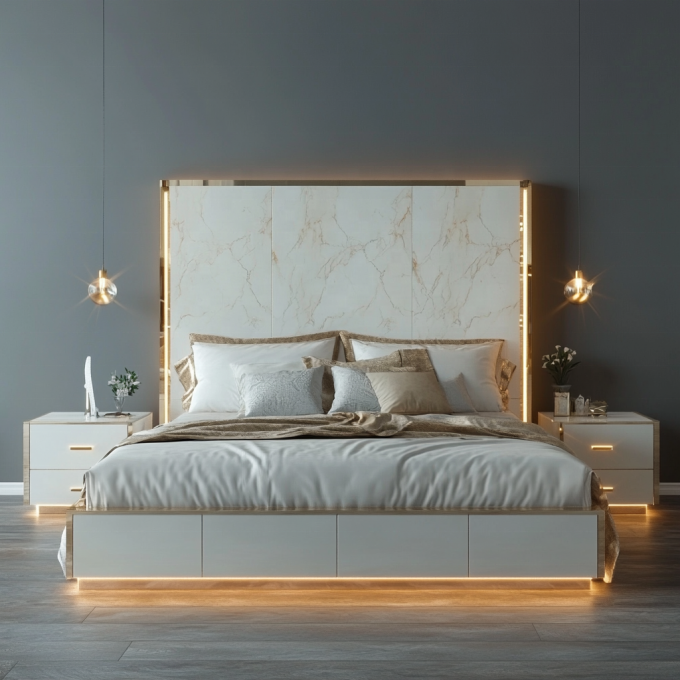 Letto in legno regolabile dal design moderno, misura queen size, per lusso italiano, set camera da letto king con specchi, in casa o in camera d'albergo 5