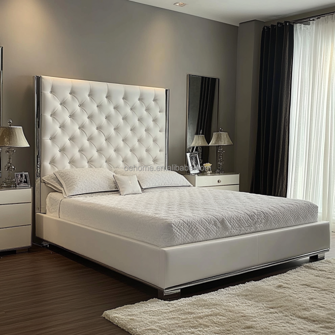 Letto matrimoniale/king size in legno grigio con bottoni a specchio, ispirato al design presidenziale e moderno 2