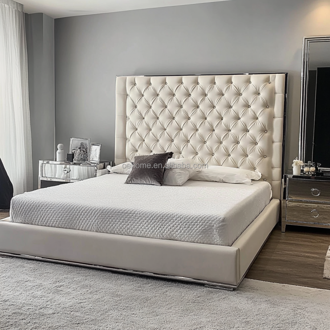 Letto matrimoniale/king size in legno grigio con bottoni a specchio, ispirato al design presidenziale e moderno 5
