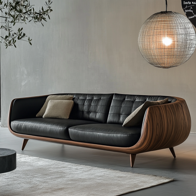 Elegante divano componibile in legno con estremità, design italiano, moderno, per soggiorno, villa, con lussuosa pelle vera e mobili 1