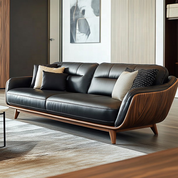Elegante divano componibile in legno con estremità, design italiano, moderno, per soggiorno, villa, con lussuosa pelle vera e mobili 2
