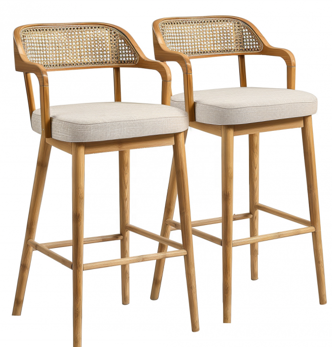 Arredamento commerciale per interni Scaffale da bar tessuto con gambe di legno e schienale di rotino 6