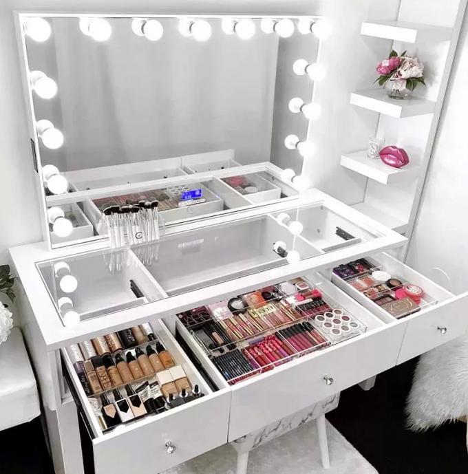Moderno design tavolo di trucco a quercia con comodino a specchi illuminati tavolo da lavoro e deposito 8