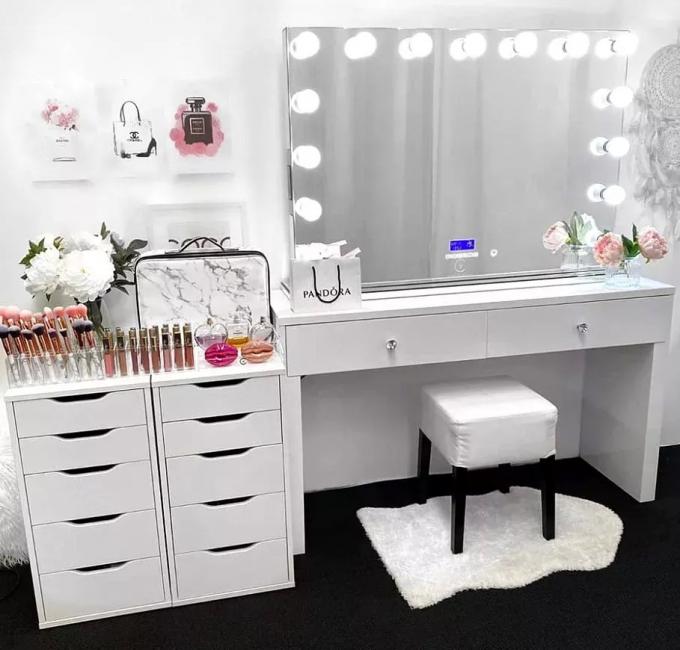 Moderno design tavolo di trucco a quercia con comodino a specchi illuminati tavolo da lavoro e deposito 12