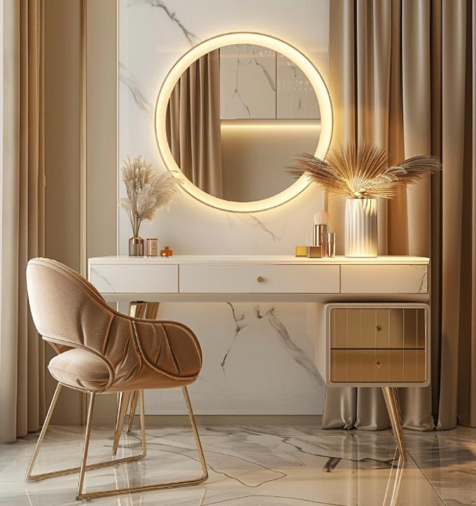Mobili moderni di lusso per camera da letto, set funzionale con letto, top placcato in oro e comò in pelle e ceramica con marmo 3