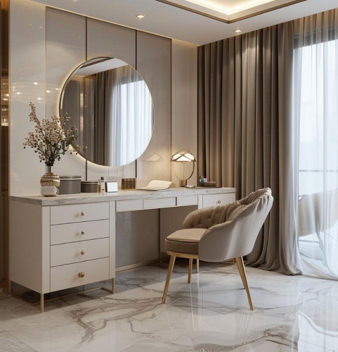 Mobili moderni di lusso per camera da letto, set funzionale con letto, top placcato in oro e comò in pelle e ceramica con marmo 6