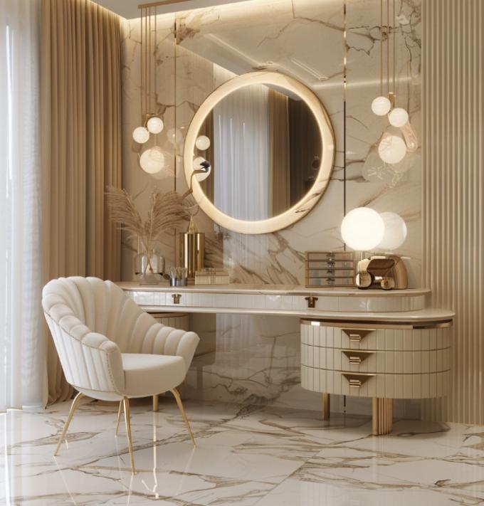 Tavolo da toeletta multifunzione in legno nordico moderno e funzionale per signora in camera da letto con specchio per il trucco a luce LED e spazio contenitivo 3