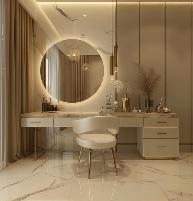 Tavolo da toeletta multifunzione in legno nordico moderno e funzionale per signora in camera da letto con specchio per il trucco a luce LED e spazio contenitivo 4