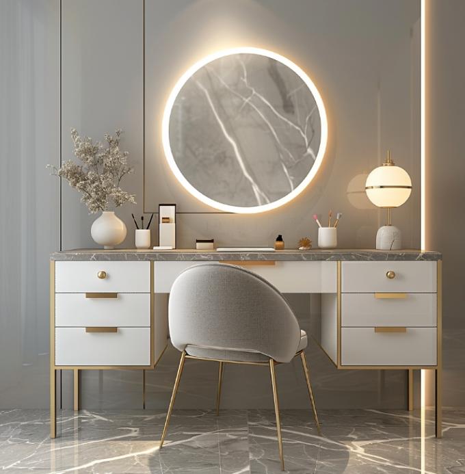 Tavolo da toeletta multifunzione in legno nordico moderno e funzionale per signora in camera da letto con specchio per il trucco a luce LED e spazio contenitivo 5