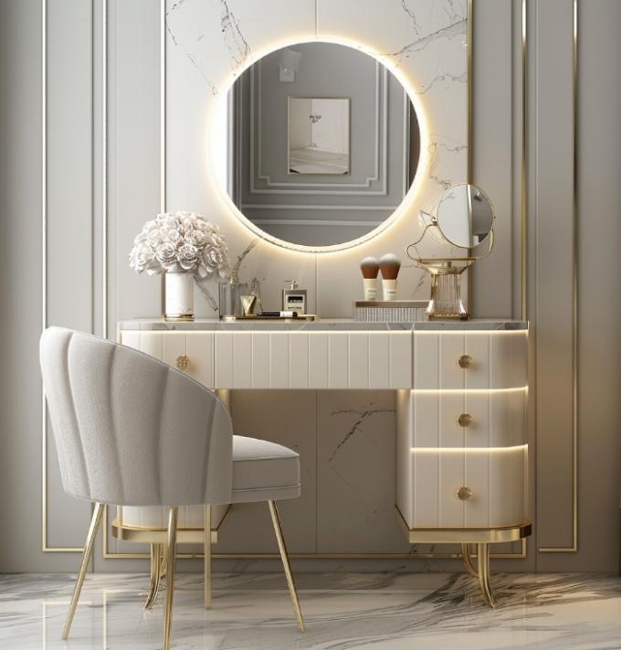 Tavolo da toeletta multifunzione in legno nordico moderno e funzionale per signora in camera da letto con specchio per il trucco a luce LED e spazio contenitivo 6