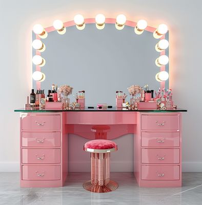 Set trucco camera da letto con specchio illuminato a LED, tavolo da toeletta con cassetti e ripiani portaoggetti, regolabile in rosa