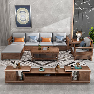 Divano in legno massello in teak con 7 posti, salotto modulare con rivestimento in pelle