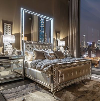 Set da camera da letto specifico con specchio, stile moderno, letto matrimoniale, mobili con design contemporaneo